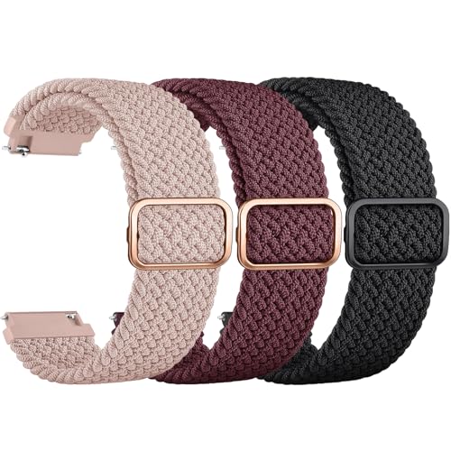 ZGCE 3 Stück Elastische Uhrenarmbänder 22mm 20mm Armband, mit Verstellbarer Schnalle, Nylon Geflochtene Sport Uhrenarmband für Herren Damen (Schwarz/Rosa/Weinrot, 22mm)