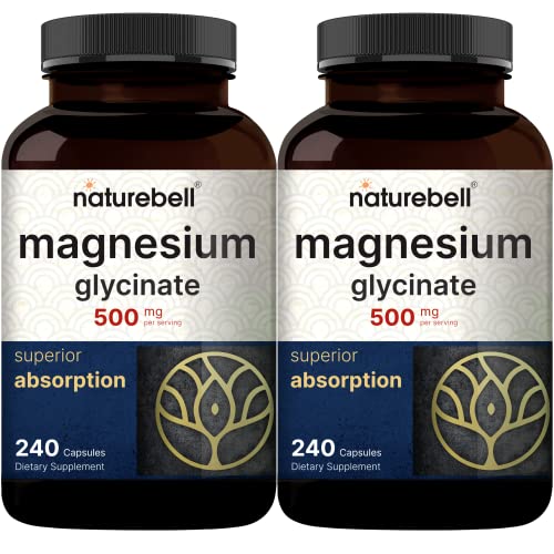 NatureBell Magnesium Glycinate 500mg, 480 Capsules (2 Pack) | 100% Chelated for Max Absorption | Muscle, Enzyme & Heart Support | Non-GMO, Gluten-Free