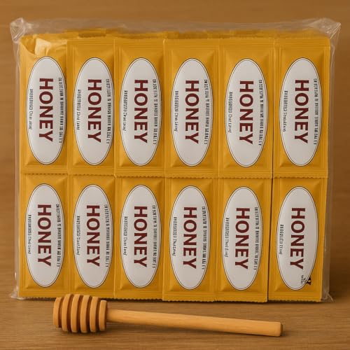 Paquete de 25 sobres individuales de miel con dipper de madera miniatura 3