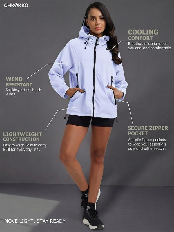 Image of CHKOKKO Windcheater For Women With Hood | With Advanced Upf 50+ UV Windproof Windbreaker Sunscreen | Lightweight Water-repellent Sports Outdoor Travel & Everyday Wear Windshield