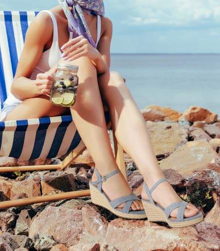 Image of Ankis Wedge Sandals for Women, Espadrille Womens Wedge Sandals Comfortable Open Toe Cross Band Ankle Strap High Heel Wedges for Women Dressy Summer -3.4Inch