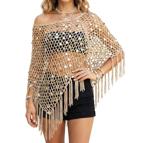 Funnysoft Women Sheer Poncho Top See Through Sequin Fishnet Shawl Knit Shrug Shawl for Beach Party Bachelorette Festival Outfits Light Brown