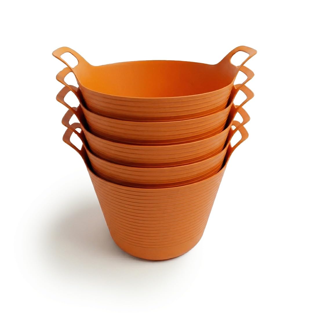 Organized Orange Flexi Tub Set Of 5, 40L Large Heavy Duty Flexible Bucket, Multi-Purpose Garden, Builder And Storage Container (Orange)