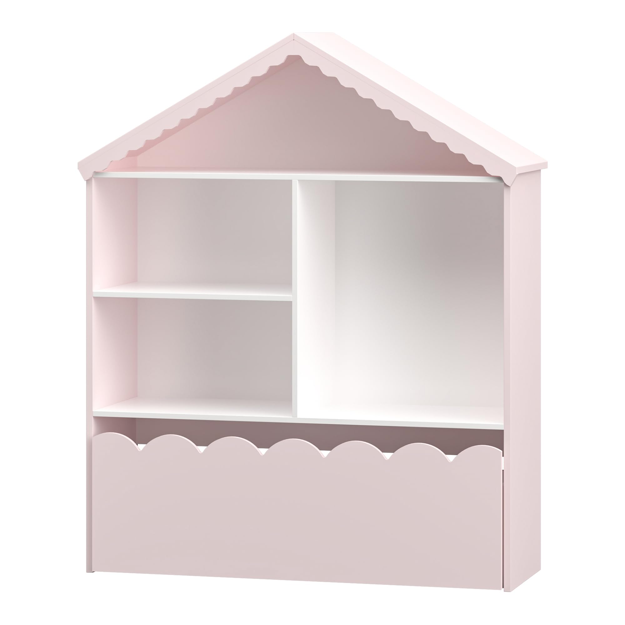 [en.casa] Étagère pour Enfants en Forme de Maison Meuble de Rangement avec Compartiments Ouverts et Tiroir Ondulé Bibliothèque MDF Panneau de Particules 114 x 91 x 30 cm Rose Barbe à Papa Blanc