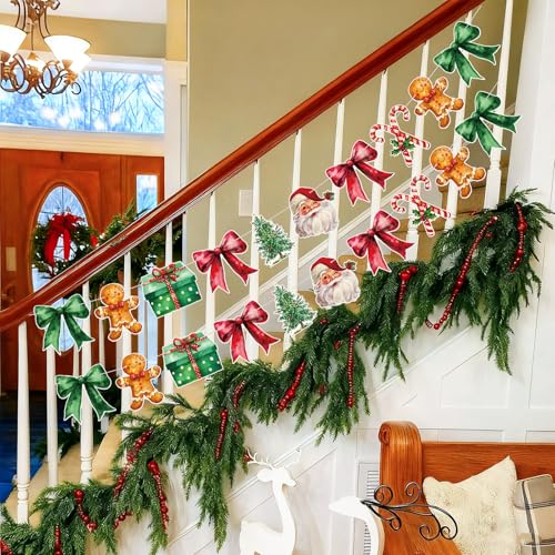 Image of Oudain 2 Pack Christmas Paper Garland 6.56 ft Red Green Christmas Tree Santa Claus Candy Cane Gingerbread Man Bow Hanging Bunting Banner Flags for Xmas Party Decorations Birthday Home Office Decor