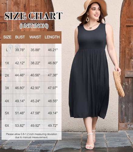 Image of LARACE Women's Plus Size Sleeveless Maxi Dress Casual Crew Neck Pleated Flowy Long Dresses with Pockets L-6XL