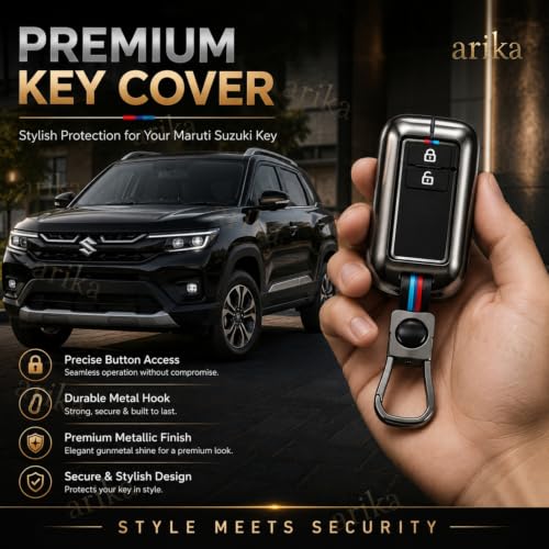 Image of Arika Premium Metal Car Key Cover Compatible with Maruti Suzuki Baleno Swift Dzire Brezza Fronx Grand Vitara XL6 Ertiga Celerio Ignis & Toyota Glanza Hyryder Rumion Smart Key Protector Case Black