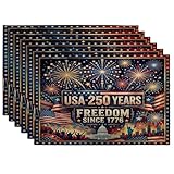 250 Years Anniversary Fireworks Placemats Set of 6, 12x18 Inch, Vintage American 6Pcs Washable Table Mats for Dinning, Patriotic Seasonal Party Home Kitchen Decor