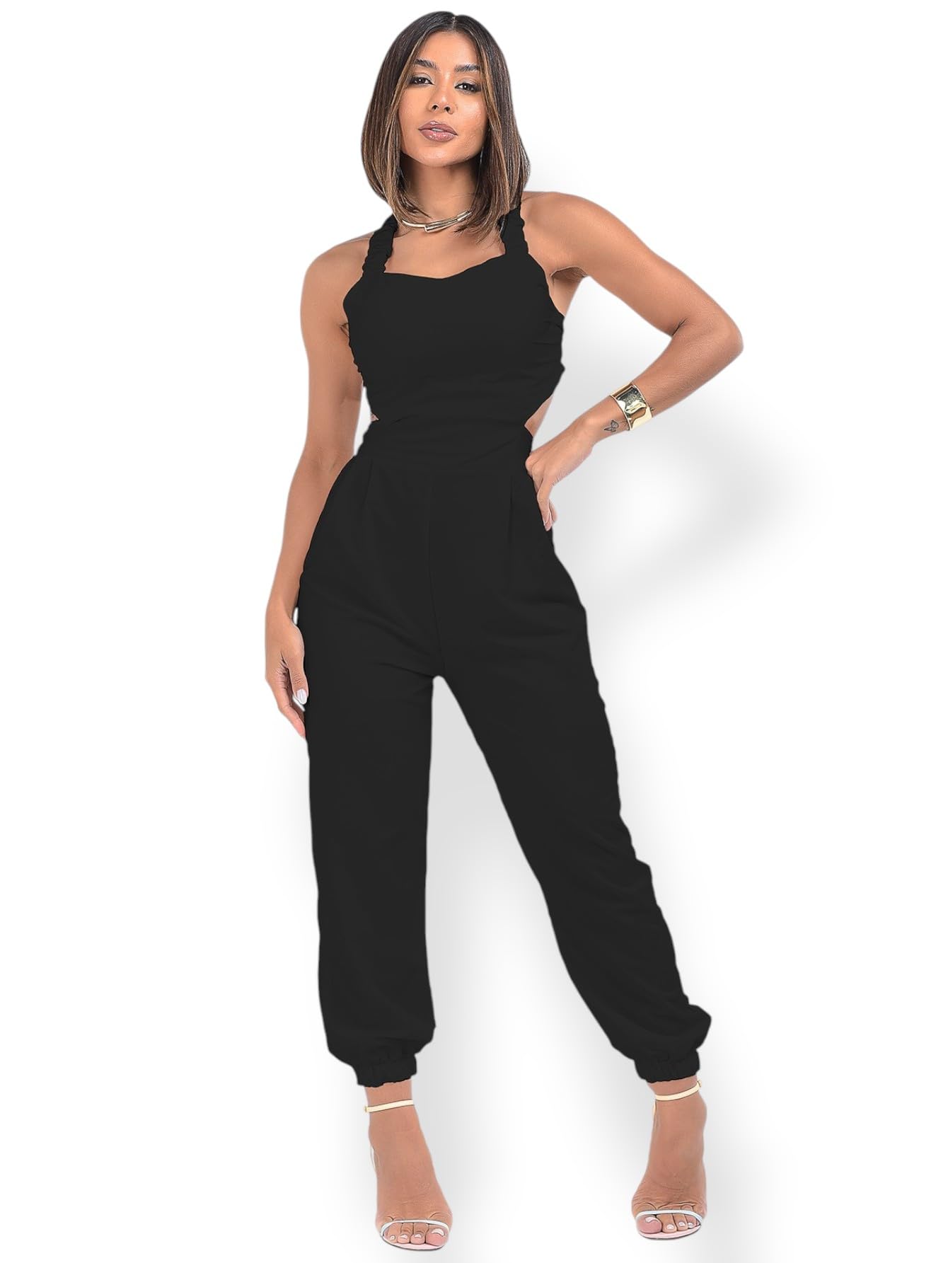 Macacão Longo Skinny Feminino Costa Laço ELastico Tecido Leve Fenda Bojo