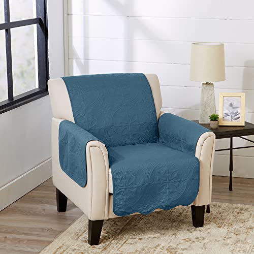Image of Great Bay Home Reversible Chair Cover - Washable Slipcover Furniture Protector with Elastic Straps - Perfect for Kids & Pets - Quilted & Stitched Detail (Smoke Blue /Ivory)