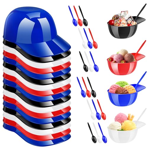 18 Pieces Baseball Helmet Ice Cream Snack Bowl 8 oz Mini Baseball Cap Bowls Mini Plastic Sundae Bowls Kid Helmet Bowl with 18 Dessert Spoons for Birthday Party Supplies (Red, Blue, Black, White)
