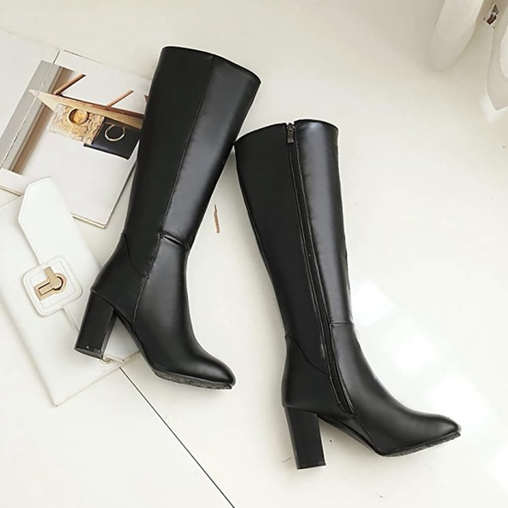 Damen Stiefeletten Warme Lange Stiefel Boots Elegante Sexy Runde Zehe Plattformen High Heel Reißverschluss PU Lederstiefel