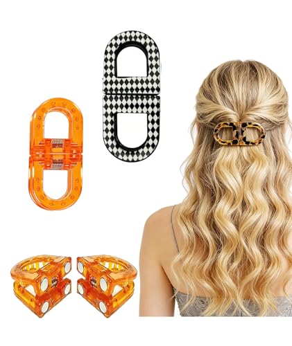 Image of 2 Pcs Hair Clutchers for Women, Magnetic Hair Clip, 2-in-1 Section Clips for Hair Styling, Daily Use and Professional Salon Clutcher Hair Accessories, Black Brown Print Hair Claw Clips (Checkered Pattern And Orange)