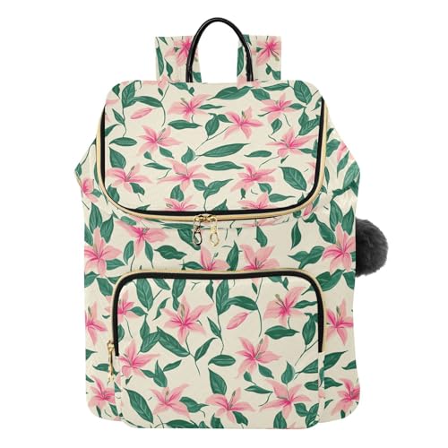 KLL Small Pink Flowers Green Leaves Ditsy Print Style Backpacks for Women Premium Casual Travel Shoulder Bag for Daily Workout Trip