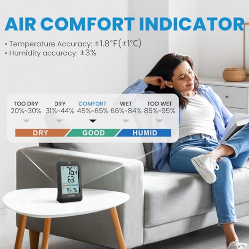 Image of Newentor Indoor Outdoor Thermometer Wireless with 24H /48H /ALL-TIME High Low | Big Number 4 inch Display, Inside Outside Temp & Humidity, Comfort Indicator, Weather Station for House Patio, Black, 2 Sensors