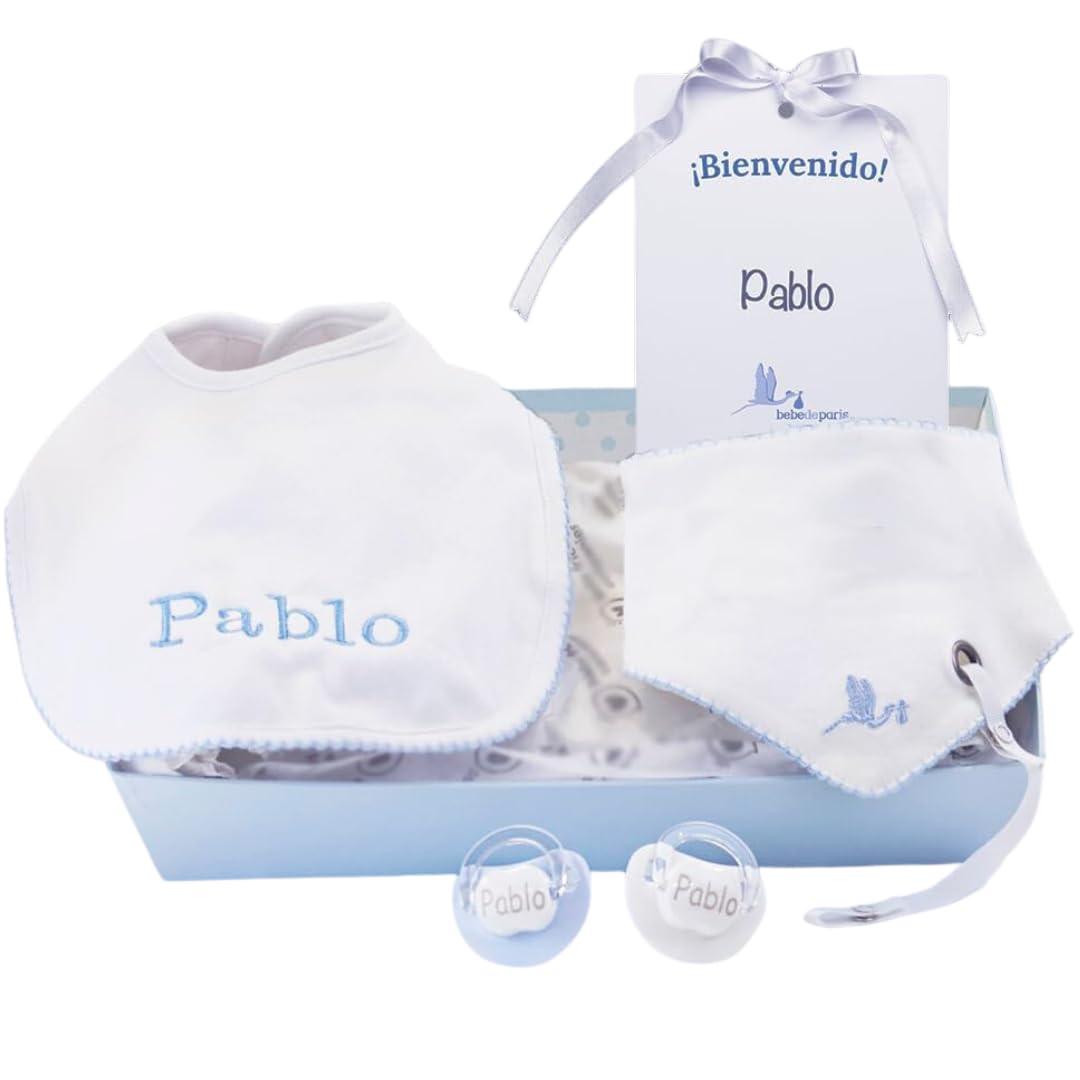 Regalos para Bebes Recien Nacidos Personalizado | Bandeja con Chupetes y Baberos Personalizados | 3 a 6 Meses (Azul) | BebeDeParis