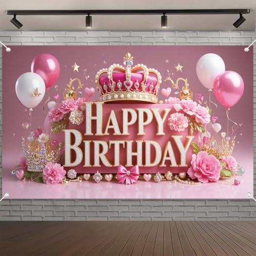 Image of Pink Happy Birthday Banner Backdrop for Wonen Girl | 71x43.3inch Pink Crown Theme Banner; Polyester Fabric; Reusable; Ideal Photo Decor for Girls & Women Birthday Parties