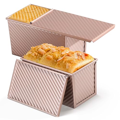 Image of LIANYU Pullman Loaf Pan with Lid, 1 Pound Bread Loaf Pan Set of 2 | Homemade Sourdough Sandwich Bread Toast Box, Baking Tins with Cover, Smooth Surface, Rose Gold