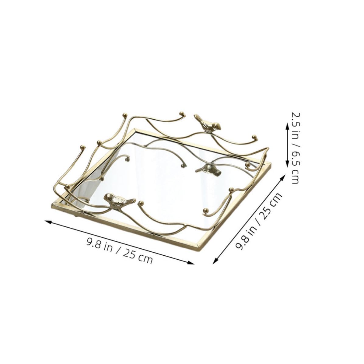 Vassoio Specchiato Quadrato Cornice Dorata in Ferro e Vetro, Design Raffinato Forma di Volatile, per Bagno e Pomeriggio Tè, Facile Manutenzione