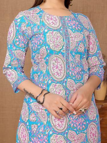 Image of rangita Blue Cotton Knee Length Printed Straight Kurti for Women | Kurta for Women