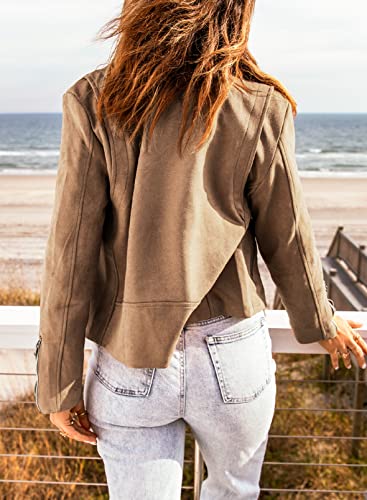 Blibea Women's Casual Suede Motorcycle Jacket Notch Collar Zipper Slim Short Biker Warm Coats Large Khaki #TOP6
