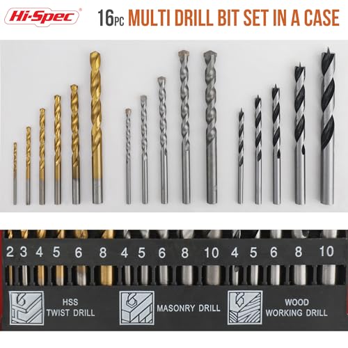 Image of Hi-Spec 16pc Compact Multi Steel Drill Bit Box Case Set. HSS Titanium Coated, Brad Points & Masonry Mixed Drill Bits for Metal, Wood, Plastics & Brick