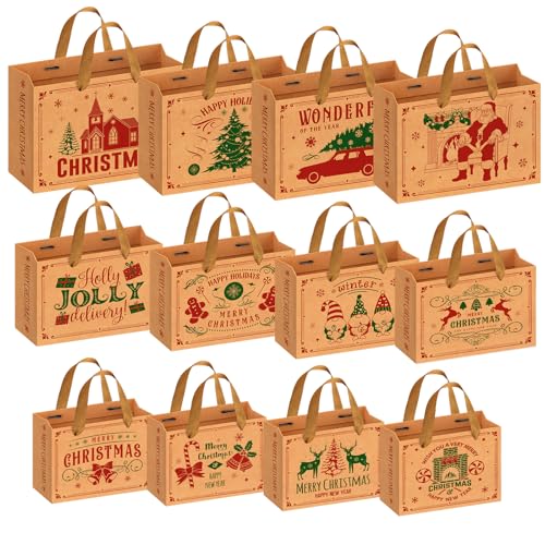 Sacos de 12 peças de presente de Natal, grandes médias, pequenos tamanhos diferentes saco de papel Kraft com alças, sacos para presentes reutilizável, saco presente natural (33 x 11 x 23 cm/28 x 10 cm