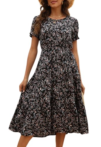 NAVINS Women Floral Print Puff Sleeve Tiered A-Line Swing Midi Dress with Pockets NA1002