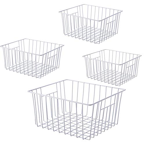 Freezer Wire Baskets, Kitchen Storage Organizer Bins for Chest and Upright Freezer, Refrigerator Dividers Containers with Handles - Pearl White (4)