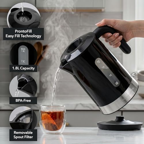 Image of OVENTE 1.8L Electric Kettle, BPA-Free with Easy-Fill Lid, Black KP413B | 1500W Fast Boiling Water Heater, Auto Shut-Off, Boil-Dry Protection, 360 Swivel Base, Clear-View Window, Removable Filter