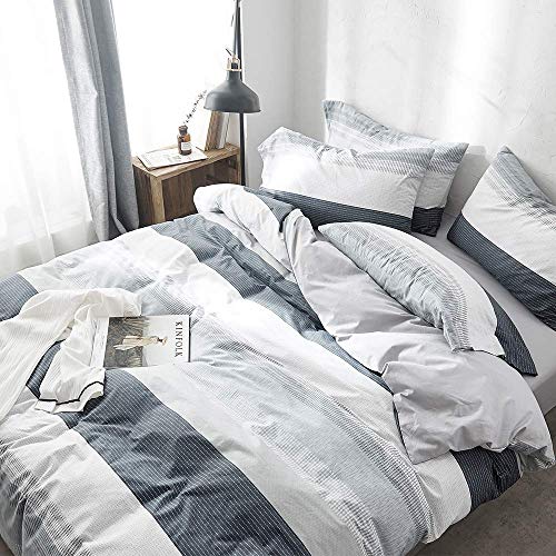 【Latest Arrival】 Queen Duvet Cover Cotton Gray Blue White Duvet Cover Natural Geometric Comforter Cover Full Stripe Modern Home Bedding Set with Ties for Boy Man