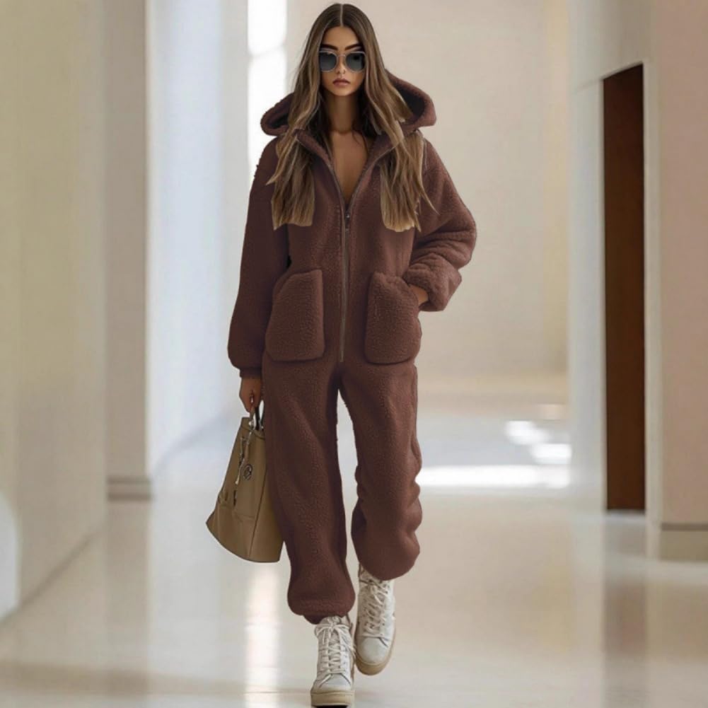 Pigiama intero da donna in pile con cappuccio, cerniera a lunghezza intera e tasche laterali per una vestibilità calda e confortevole