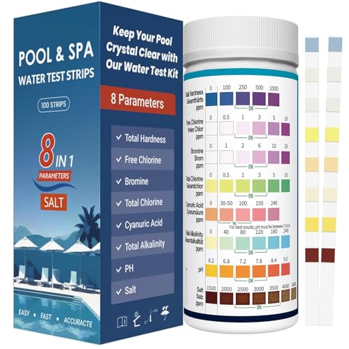 Bandelettes Piscine 8-en-1 pour Piscine et Spa – 100 Tests Sel, pH, Chlore, TAC, Dureté, Brome, Acide Cyanurique – Languettes de Test pour Eau Piscine