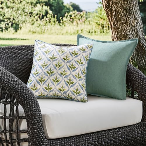 Image of MIULEE Floral Decorative Pillow Covers Set of 2,block print Throw Pillowcases Outdoor Boho Farmhouse Vintage Coastal Summer Accent Cushion Covers for Couch paito Garden Sofa Bed 16x16 Inch, Blue-Green