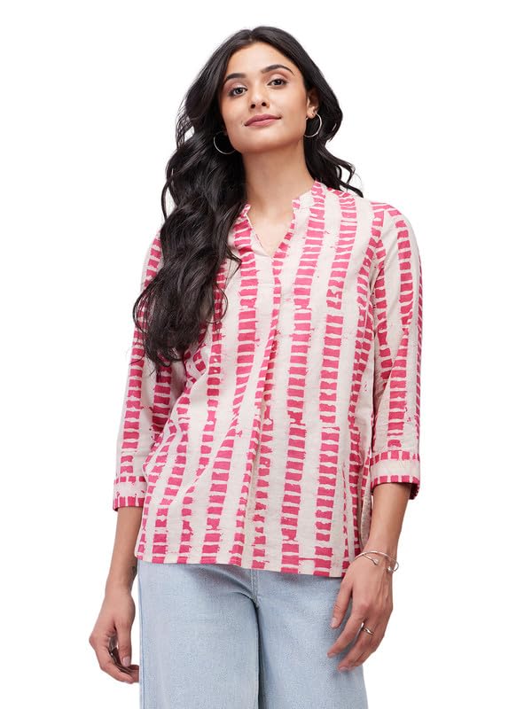 pink fort Women Casual Cotton Dabu Striped Top | Regular Fit 3/4th Sleeve Mandarin Neck Perfect for Everyday | Pink-picture-33