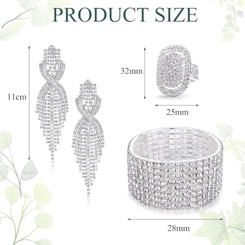 Sllaiss Rhinestone Bridal Jewelry Set for Women Sparkling Rhinestone Stretch Bracelet Ring Dangle Tassel Earrings Set Costume Jewelry4