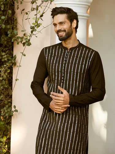 Image of See Designs Men Full Sleeve Chanderi Silk Sequins Mandarin Collar Side Slit Kurta