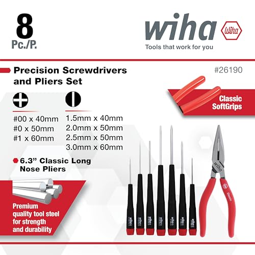 Image of Wiha 26190 Slotted and Phillips Screwdriver Set, 8 Piece | Bonus 6.3 Inch Long Nose Pliers, Extra-Long Handles, Chrome-Plated