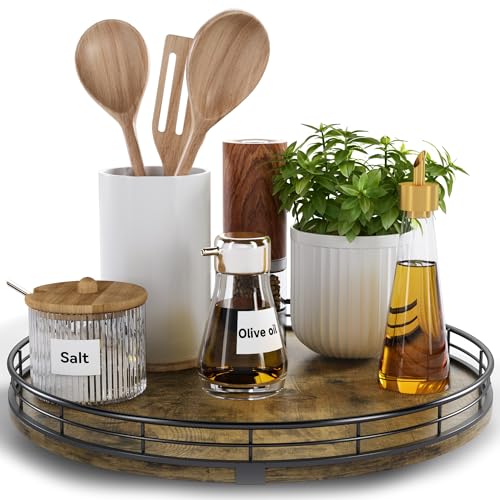 Lazy Susan Turntable Organizer for Table Top, 12’’ Round Wooden Lazy Susan for Cabinet Kitchen Countertop Pantry Dining Coffee Table for Condiments Spices, Rustic Bathroom Vanity Tray for Soap Candle