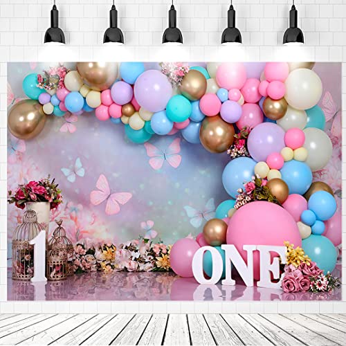 First Birthday Backdrop for Girl - Baby Girl 1st Birthday Cake Smash Decorations Photo Backdrop for 1 Year Old Baby Shower Photo Shoot Props,Vinyl,7x5ft by Mivor - Used condition - US$12.10