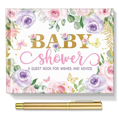 Image of Fuyoooo 27 Pcs Butterfly Floral Baby Shower Guest Book Set Baby Shower Sign in Guest Floral Book Place Table Cards with Gold Pen Adhesive Photo Corner for Birthday Party