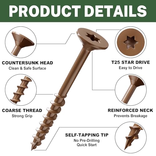 Image of LIONMAX Wood Screws 2 Inch, Deck Screws #8 x 2, 100 PCS, Rust Resistant, Epoxy Coated, Exterior Wood Screw, Outdoor Decking Screws, Torx /Star Drive Head, T25 Star Bit Included, Brown