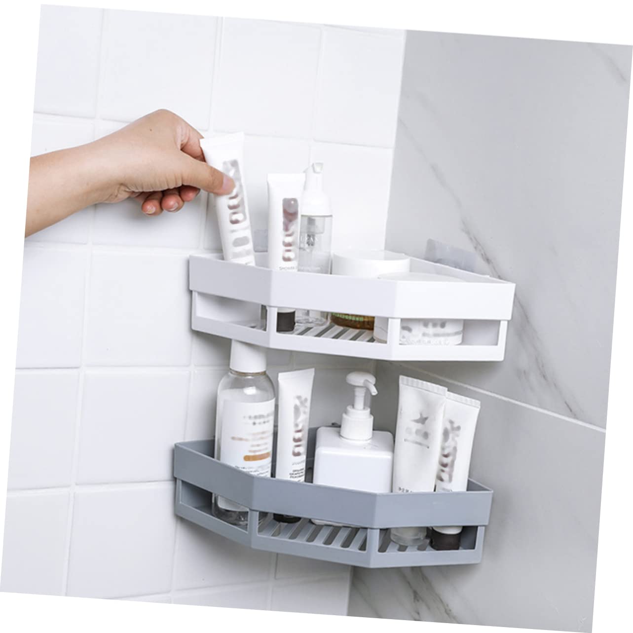 2 estantes adhesivos para esquina de baño, estante triangular montado en la pared para almacenamiento de ducha, organizador de baño de plástico blanco, 7.48 x 7.48 x 5.11 pulgadas 4