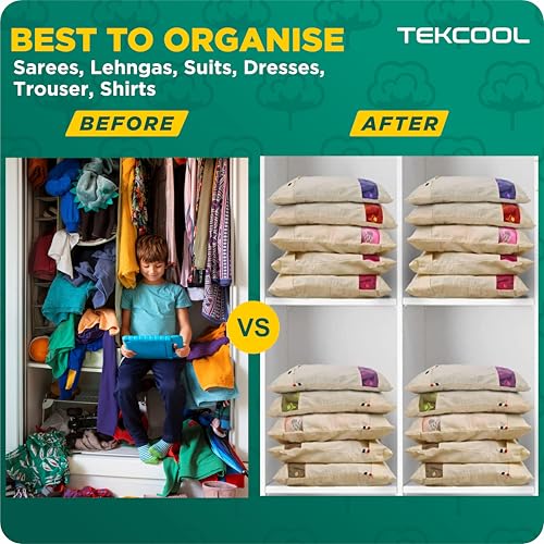 Image of TEKCOOL Cotton Saree Bags /Covers For Storage Set Of - 12 Big Size Single (16 X 14 Inches) With Zip Closure For Clothes Bags And Wardrobe Organizer With Transparent Mesh Window, Beige
