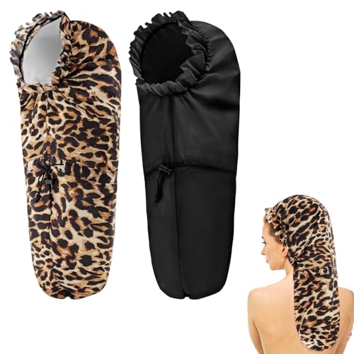 2 Pcs Large Shower Cap for Braids Extra Long Shower Cap for Women Long Hair & Locs Waterproof Hair Bonnets for Dreadlocks Drawstring Bath Caps for Women & Men (Black Leopard)