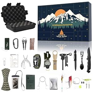 Adventskalender Männer, Survival Kit Adventskalender, 24 in 1 survival ausrüstung, survival adventskalender mit Notfall ausrüstung und camping zubehör, Geschenk für Camping, Angeln, Gadgets für Männer