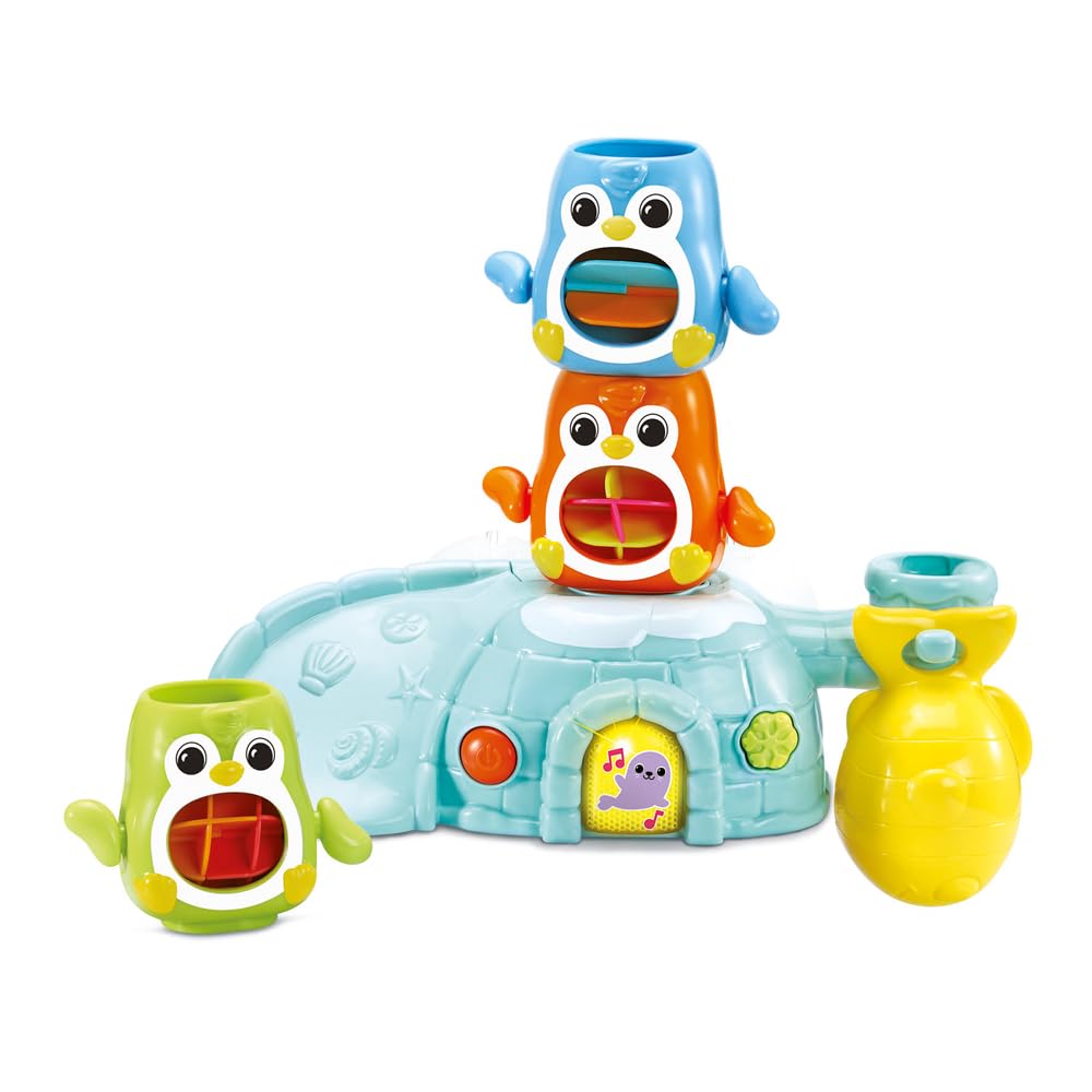 VTech - 1, 2, 3 Empilo Pingouins, Jouet de Bain Tour à Empiler Bébé, Igloo Interactif et Musical avec Trio de Pingouins et 2 Ventouses de Fixation, Cadeau Enfant Dès 1 an - Contenu en Français