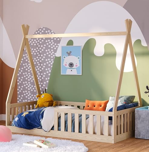 Bellabino Tajo Tipi-Bodenbett für Kinder 80x160 cm, Hausbett aus Kiefer Massivholz mit Rausfallschutz/Zaun und Lattenrost in Natur für Kinder ab 3 Jahre