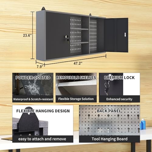Image of Metal Heavy Duty Cabinet Workbench Set System, Included Pegboard Wall Cabinets Wood Table Top, for Garage Auto Repair Shops, Utility Room