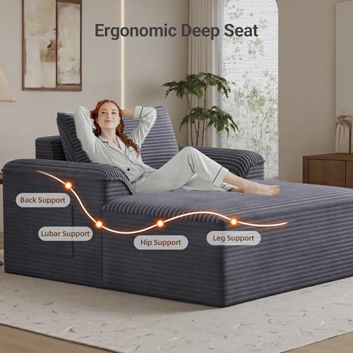 Image of Claiks 68 inch Oversized Chaise Lounge Chair Indoor, Corduroy Upholstered Boneless Sofa Bed, Deep Seat Sleeper Couch with Pillows and Armrest, Cloud Sofas Reading Chair for Living Room, Dark Gray